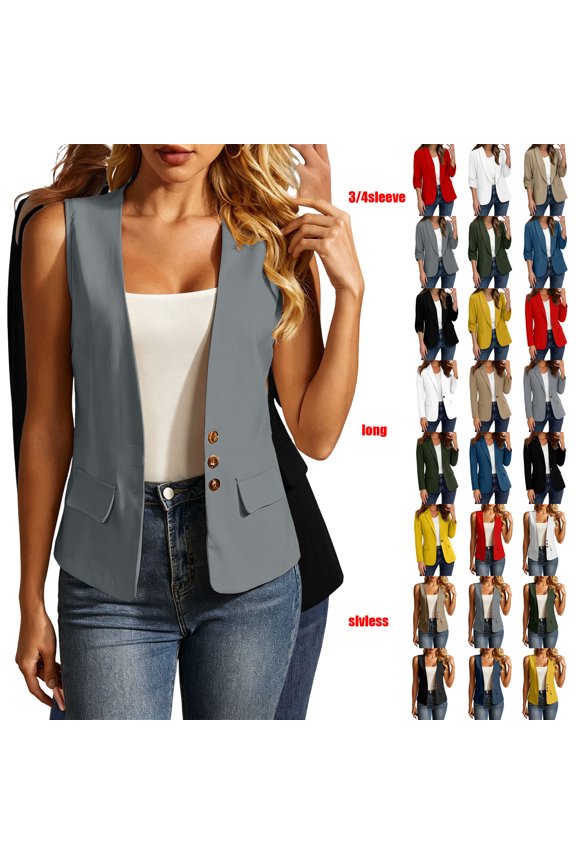 Women Sleeveless Vest Blazer Ndbuld Women's Solid Color Casual Fashion Sleeveless Cardigan Coat Outerwear Top Gray