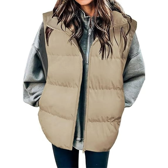 Women Sleeveless Warm Jackets Casual Stand Collar Puffer Vest Zip Up Quilted Jacket Winter Outerwear Coat