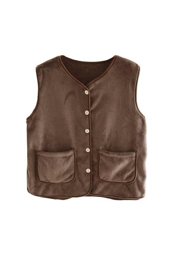 Women Sleeveless Warm Winter Coat Plush Button Down Sleepwear Fuzzy Fleece Fluffy Pajama Tops Jacket with Pockets