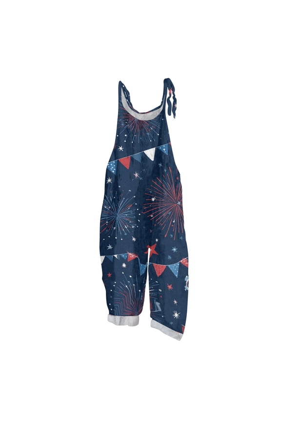 Women Sleeveless Wide Leg Overalls Adjustable Strap Loose Fit Jumpsuit with Artistic Printed Pattern Red L