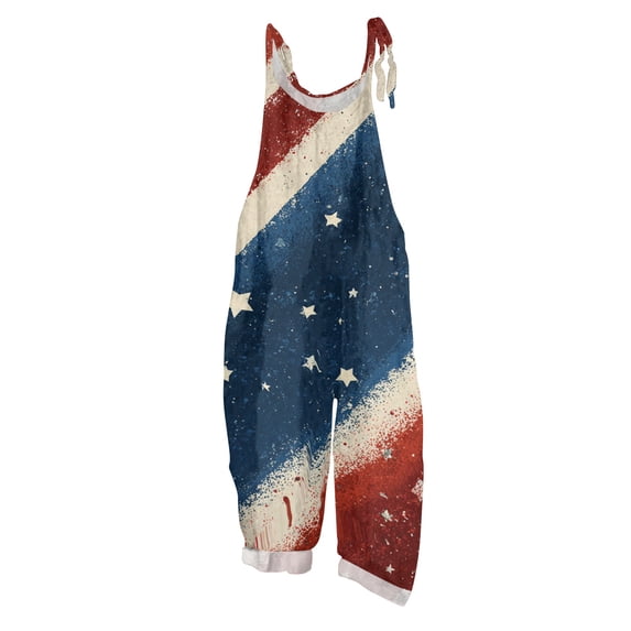 Women Sleeveless Wide Leg Overalls Adjustable Strap Loose Fit Jumpsuit with Artistic Printed Pattern Red M