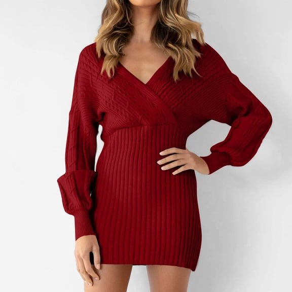 Women Slim A-Line Dress Women's Fall Winter Casual Solid Color Long Sleeve V-Neck Slim Fit Mini Wrap Date Night Dress for Party, Beach Red S-3XL