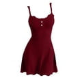thumbnail image 1 of Women Slim A-Line Mini Cami Dress Thin Spaghetti Straps Ribbed Knit Fabric Scalloped Lace Neck & Hem Two Henley Button Sundress for Beach Vacation Club Streetwear Red XL, 1 of 4