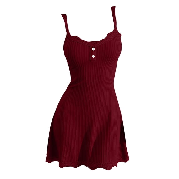 Women Slim A-Line Mini Cami Dress Thin Spaghetti Straps Ribbed Knit Fabric Scalloped Lace Neck & Hem Two Henley Button Sundress for Beach Vacation Club Streetwear Red XL