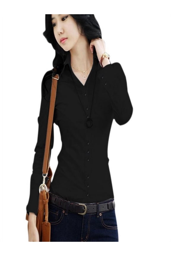 Women Slim Blouse Short/Long Sleeve Career T-Shirt Button Down Formal Tops