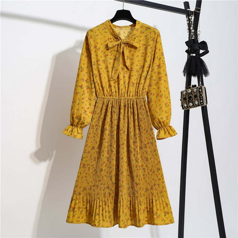 Vintage dark yellow long sleeves and high collar dress deals