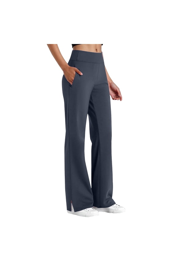 Straight Leg Pants Women Cotten Linen High Elastic Waist Slit Hem Pants with Pockets for Yoga, Workout, Casual