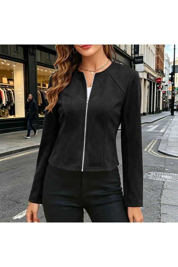 Women Slim Faux Suede Cropped Jacket Full Zip Long Sleeve Fitted Outerwear Coat for Daily Wear Black S