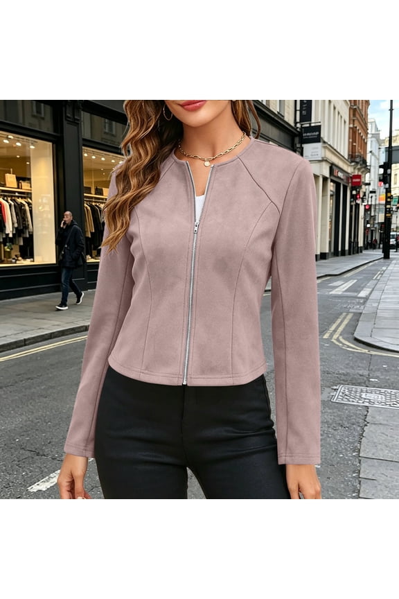Women Slim Faux Suede Cropped Jacket Full Zip Long Sleeve Fitted Outerwear Coat for Daily Wear S