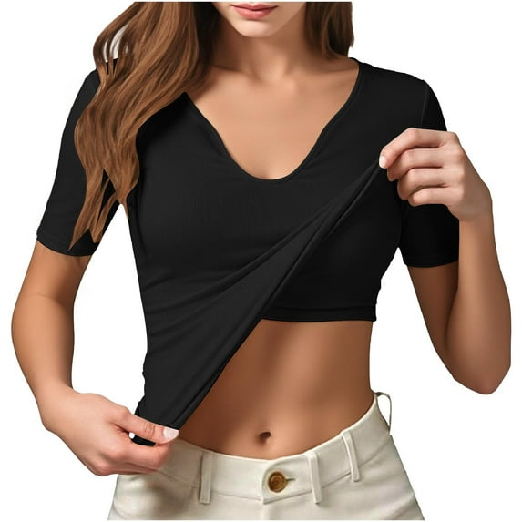 Women Slim Fit Basic Tees Shirts Short Sleeve V Neck Crop Top Soft Workout Shirt Going Out Tops Sexy Slim Fitted Casual Base Layer with Bras