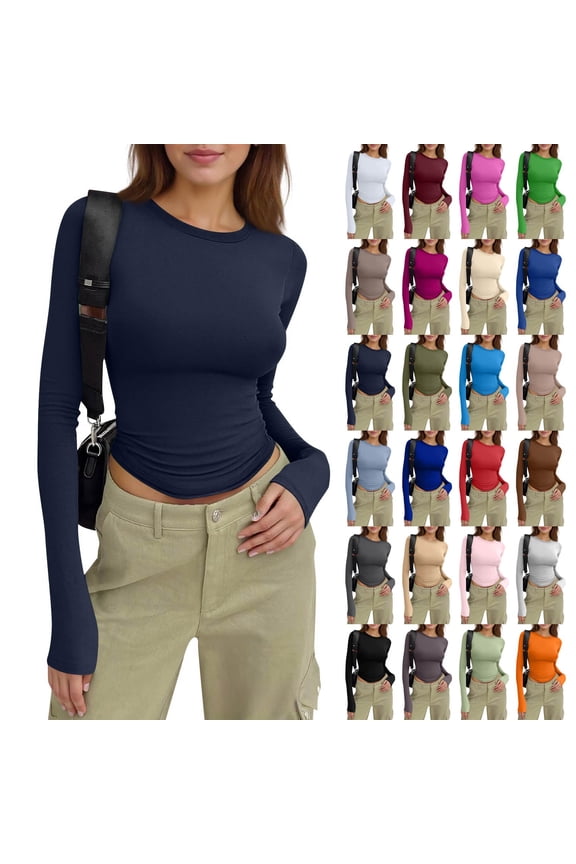 Women Slim Fit Crop Tops Crewneck Skinny Shirt Long Sleeve Y2K Casual Basic Solid Color Going Out Tight Tee Camel M