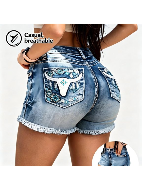 Women Slim Fit Denim Shorts, Raw Edge Embroidery Design, Retro Street Fashion Summer Sexy Jean Shorts