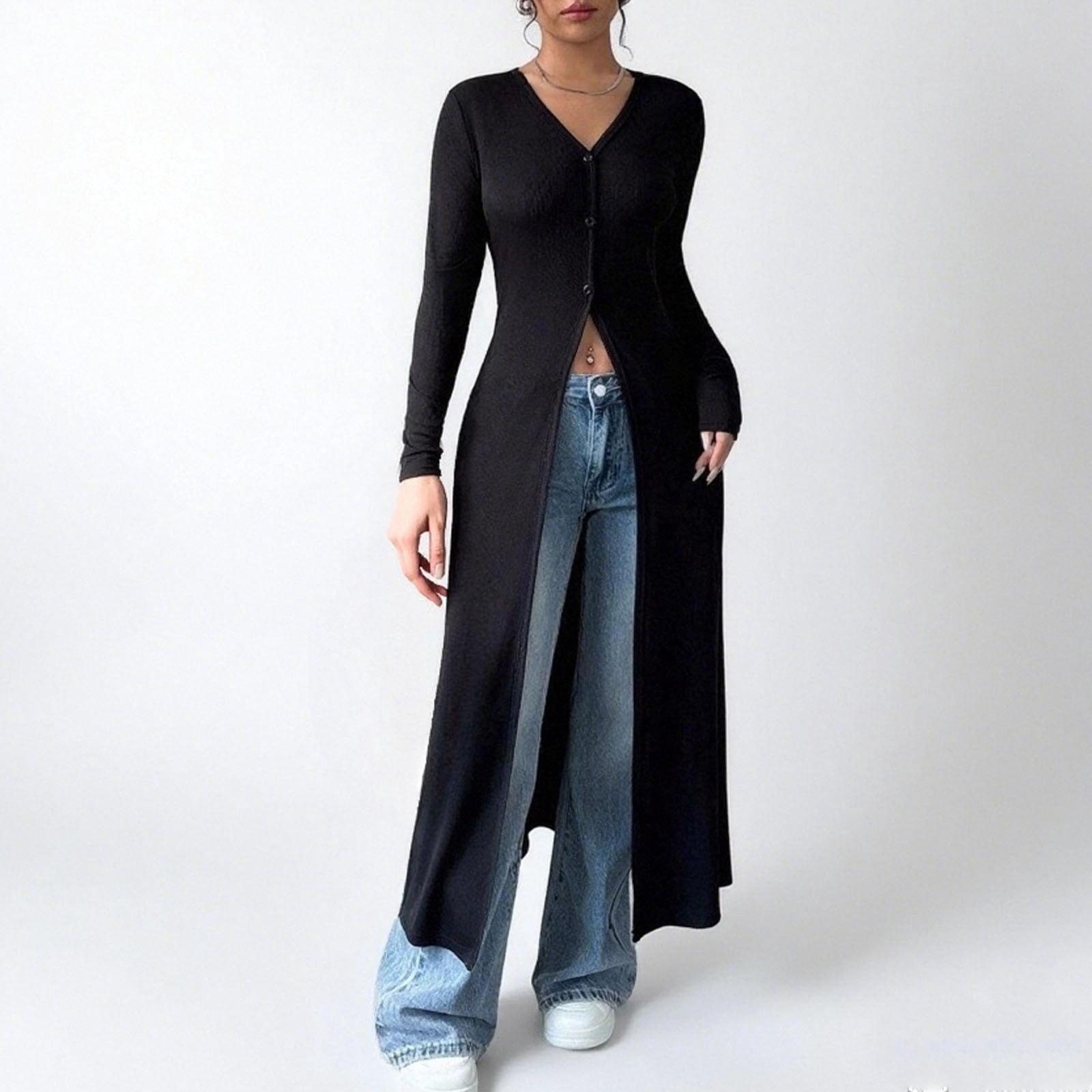 Women Slim Fit Knitted Shirt Dress Flattering Long Sleeve V-Neck Slit Hem  Button Maxi Dress Cardigan - Walmart.com