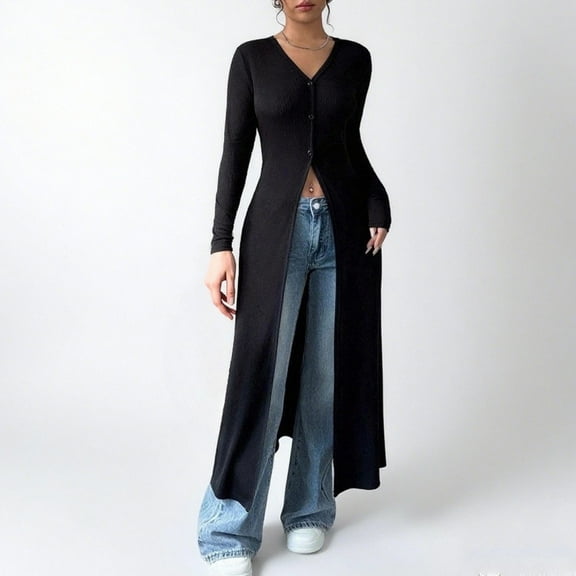 Women Slim Fit Knitted Shirt Dress Flattering Long Sleeve V-Neck Slit Hem Button Maxi Dress Cardigan