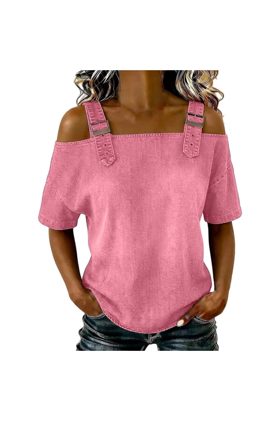 Women Slim Fit Long Sleeve Denim Shirt Off Shoulder Retro Vintage Tone Adjustable Buckle Feature Loose Casual Blouse Durable Stylish Daily Ladies Clothing,Pink,M
