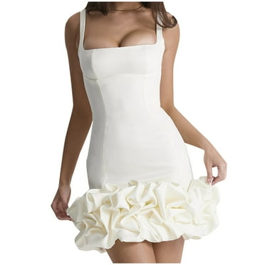 Women Slim Fit Mini Dresses for Party Wedding Square Neck Sleeveless Puffy Ruffle Hem Guest Short Gown Clubwear
