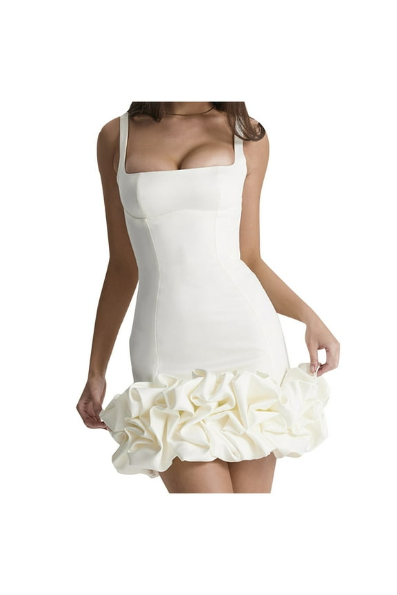 Women Slim Fit Mini Dresses for Party Wedding Square Neck Sleeveless Puffy Ruffle Hem Guest Short Gown Clubwear