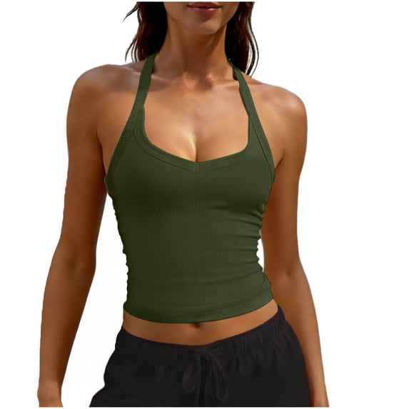 Women Slim Fit Ribbed Halter Tank Top Summer Soft V-Neck Camisole Trendy Basic Shirt