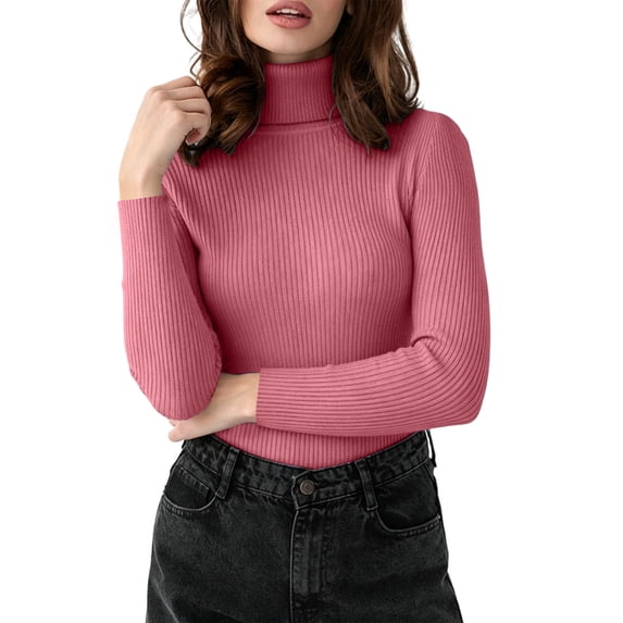 Women Slim Fit Ribbed Turtleneck Knit Top, Solid Long Sleeve Stretchy Pullover Sweater, Basic Layering Shirt for Fall & Winter Daily Outfit Pink Free Size