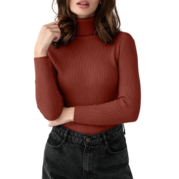 Women Slim Fit Ribbed Turtleneck Knit Top, Solid Long Sleeve Stretchy Pullover Sweater, Basic Layering Shirt for Fall & Winter Daily Outfit Rose Gold Free Size