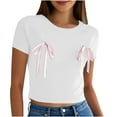 thumbnail image 1 of Women Slim Fitted Crop Top Short Sleeve Bow Decor Going Out T Shirt Round Neck Summer Basic Tees, 1 of 6