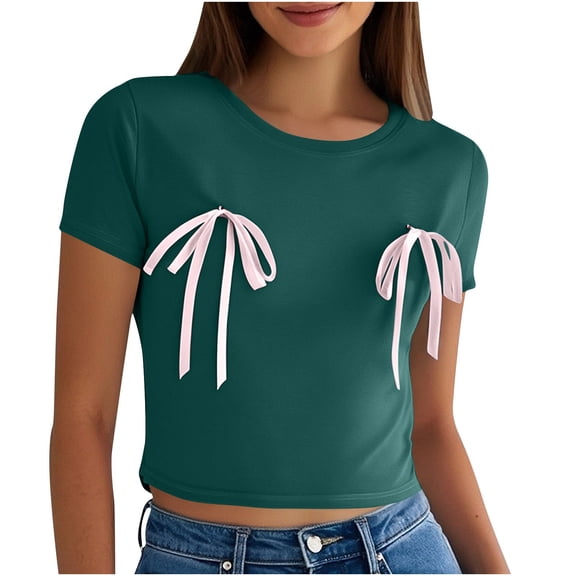 Women Slim Fitted Crop Top Short Sleeve Bow Decor Going Out T Shirt Round Neck Summer Basic Tees