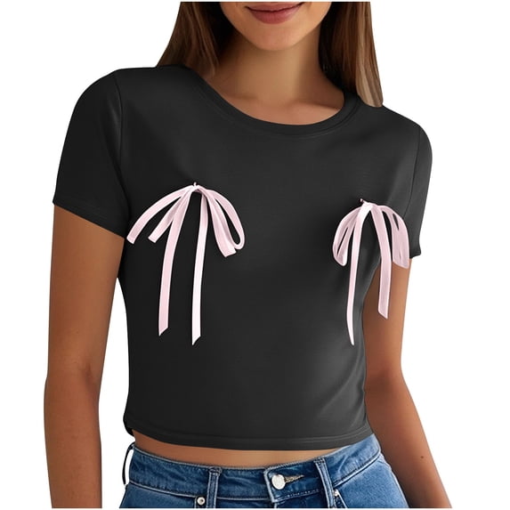 Women Slim Fitted Crop Top Short Sleeve Bow Decor Going Out T Shirt Round Neck Summer Basic Tees