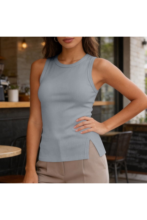 Women Slim Fitting Ribbed Tank Tops Crew Neck Side Split Casual Yoga Daily Stretchy Camisole Tops Gray S