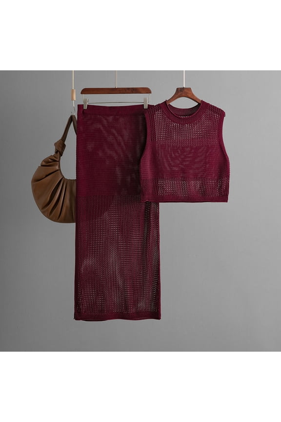 Women Slim Hollow Sleeveless Vest Summer New Knitted Slit Skirt Two Piece Set Sequin Dress Women Long Women's plus Evening Dresses Sequin Two Piece Set plus Size High Waist Skirt Swimsuit Long Formal