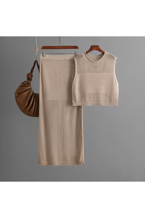 Women Slim Hollow Sleeveless Vest Summer New Knitted Slit Skirt Two Piece Set Sequin Dress Women Long Women's plus Evening Dresses Sequin Two Piece Set plus Size High Waist Skirt Swimsuit Long Formal