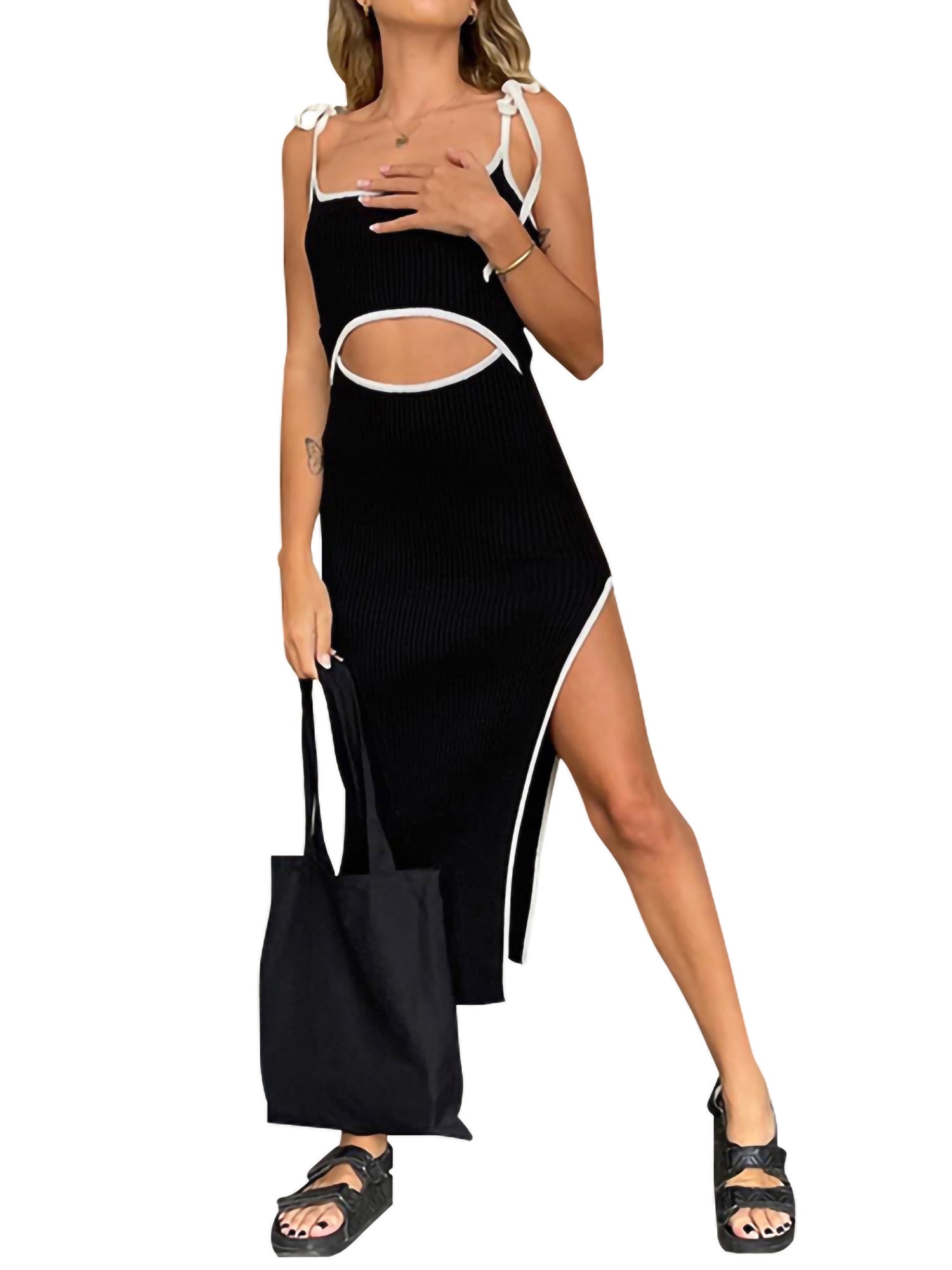 Women Slim Midi Dress Spaghetti Straps Sleeveless Contrast Color