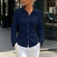 thumbnail image 1 of Women Slim Shirts Long Sleeve Button Up Solid Color Collared Blouse Dressy Business Top Navy XL, 1 of 7