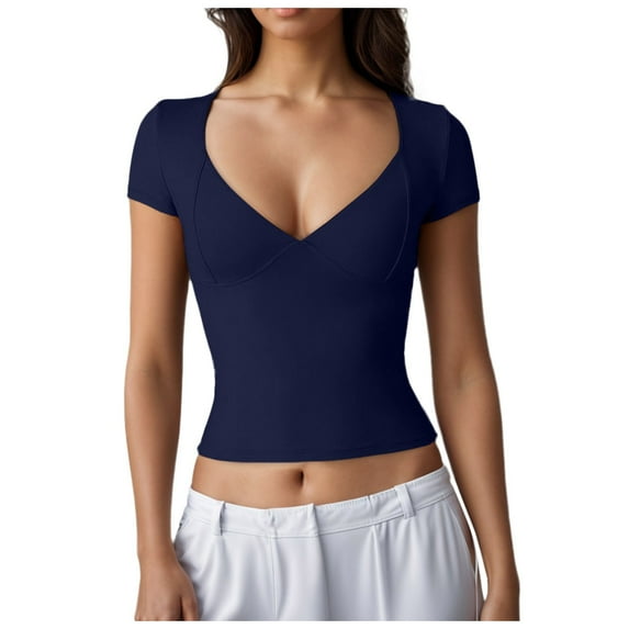 Women Slim V Neck Short Sleeved T Shirt Solid Color Sexy