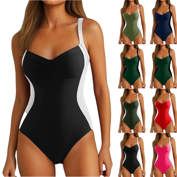 Women Slimming Tummy Control One Piece Swimsuits V Neck Crisscross Back Bathing Suit Red L