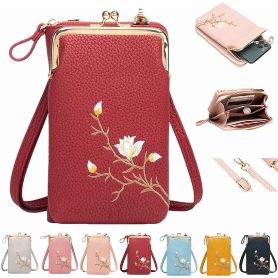 Women Sling Cross-Body Wallet with Mobile Cell Phone Holder, Mini Leather Shoulder Bag, with 3 Compartments, 3 Card Slots, Adjustable Shoulder Strap, for Women