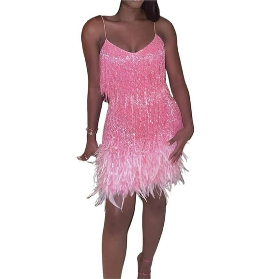 Women Sling Sequined Evening Dress Luxury Sleeveless V Neck Tassels Feather Club Party Summer Short Dress