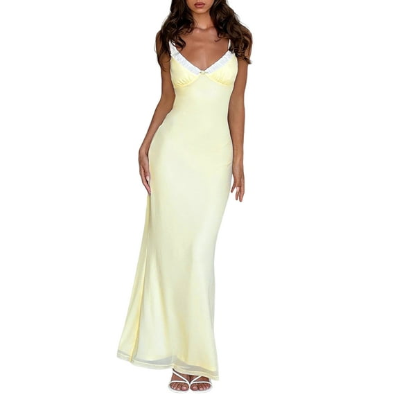 Women Slip Dress, Sleeveless V-neck Backless Floral Dress Patchwork Summer Long Dress for Cocktail Party