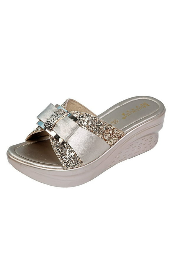 Women Slip On Dressy Wedge Sandals Trendy Comfort Open Toe Bling Glitter Sequins Backless Beach Shoes Walking Sandals Slides Gold Women Sandal