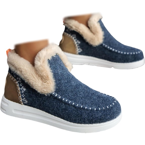 Women Slip On Faux Fur Indoor Outdoor Warm Ankle Slipper Booties, Anti Slip Flat Winter House Shoes