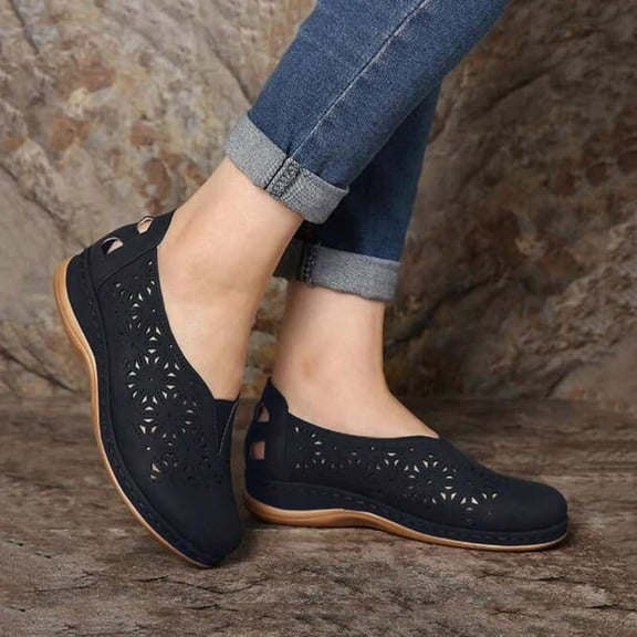 Women Slip-On Flat Hollow Out Breathable Shoes Comfort Dress Shoes Casual Leather Loafers Flats Black 6.5-7