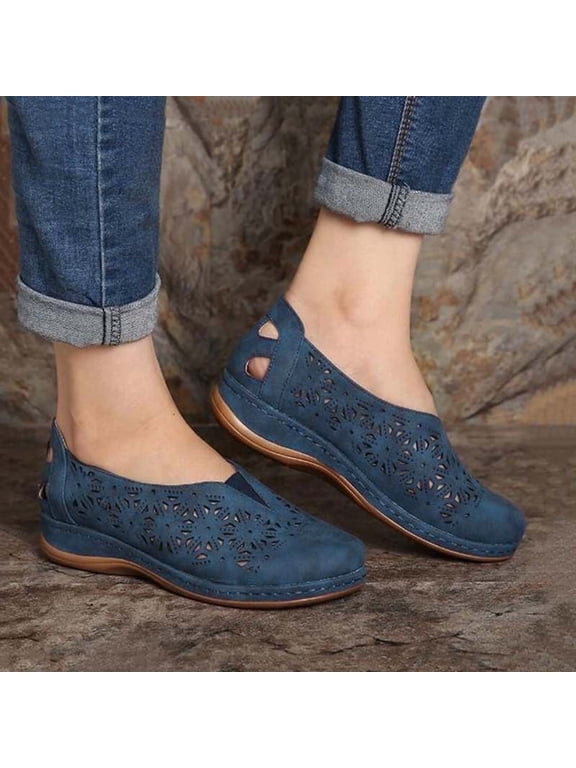 Women Slip-On Flat Hollow Out Breathable Shoes Comfort Dress Shoes Casual Leather Loafers Flats Blue 8