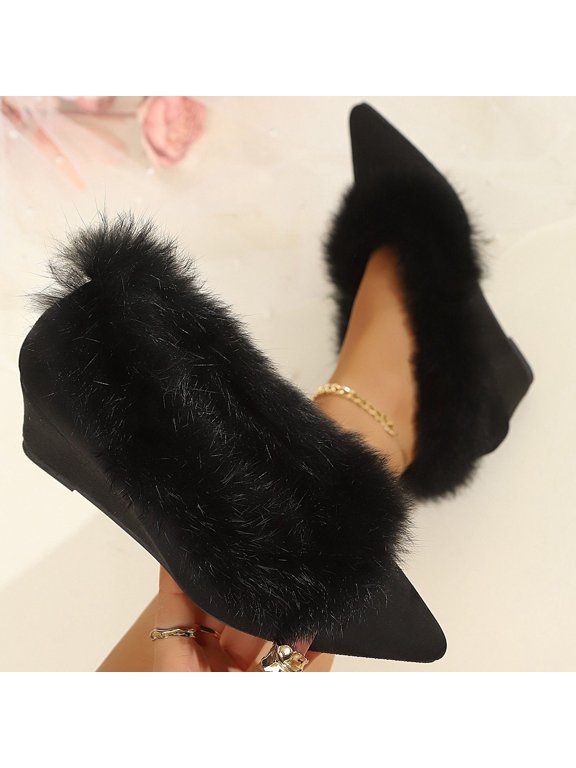 Women Slip On Pointed Toe Wedge Heel Shoes, Suede With Fluffy Fleece Trim Pumps, Versatile Warm Winter Dress Heels