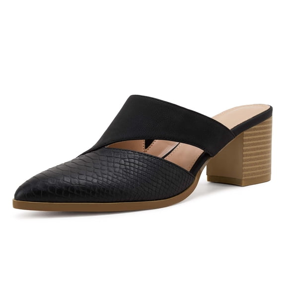 Women Slip-On Sandals — Closed-Toe, Stacked Block Heel Slides with Cutout Open-Back Mule Design