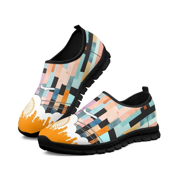 Women Slip on Shoe Cityscape Ferris Wheel Airplane Lightweight Running Sneakers Breath Mesh Shoes Girl Flat Shoe