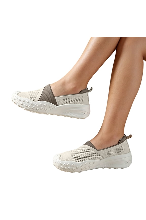 Women Slip on Sneakers Breathable Knit Mesh Walking Shoes Reinforced Toe Cap Thick Cushioned Comfort Sole Casual Footwear Khaki 8(40)