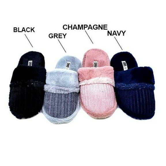 Women Slipper Faux Fur Knit Design Soft Plush Footbed Comfortable House Shoes, Black, M