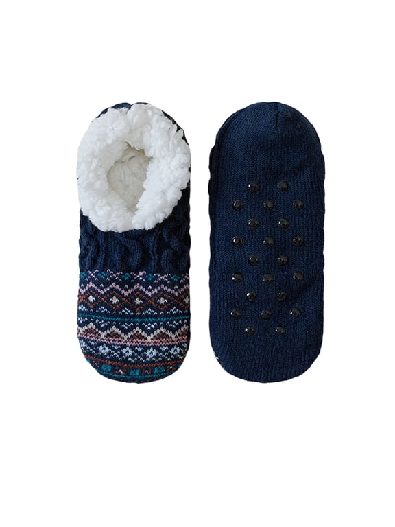 Women Slipper Socks Thick Warm Cable Knit Fair Isle House Socks Non‑Slip Dotted Sole Winter Cozy Indoor Floor Socks
