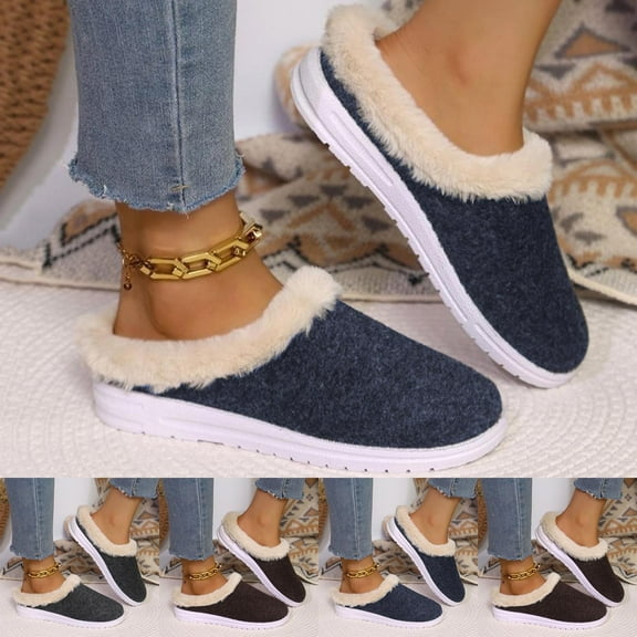 Women Slipper Winter Flat Heel Round Toe Slip-on Slides Warm Shoes Women's Indoor Cute Winter Home Slippers Ladies' Home Furnishing