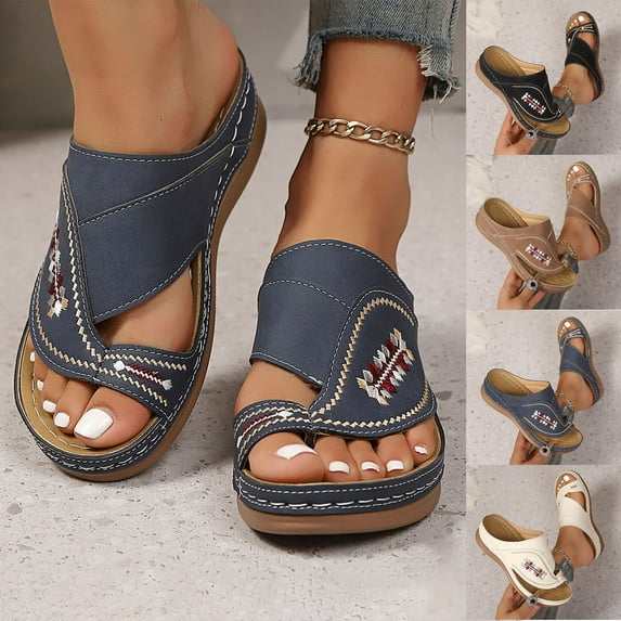 Women Slippers with Arch Support Thick Sole Toe&nbsp;Loop Open Toe Slip-on Peep Toe Slides Women Footwear Beach Vacation Holiday Vintage FashionNavy 5.5