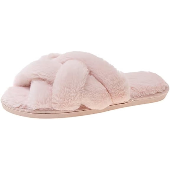 Women Slippers Cross Weave Band Fuzzy Cushion Non-slip Flat House Bedroom Slides for Indoor Outdoor